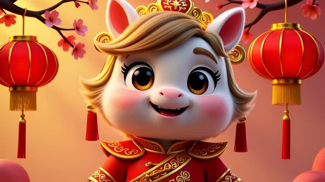 Cute cartoon rabbit character in traditional red chinese new year attire with hanging lanterns and cherry blossoms, festive atmosphere, 3d