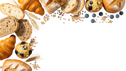 Fresh bakery items forming a corner frame on white background