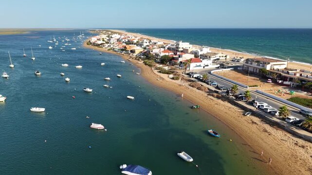 Aerial View of Praia de Faro and Ria Formosa Natural Park in Algarve Portugal During a Sunny Day