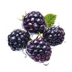Fresh and vibrant blackberry fruit with water droplets, isolated on a white background.
