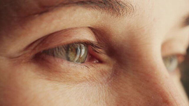 At sunlight face young woman with green eyes. Close up shot of woman eyes, eyebrow. High quality 4k footage