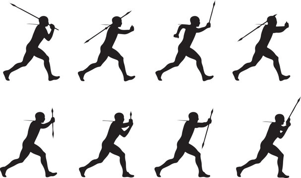 Silhouette of a man throwing a spear in multiple poses on a white background Keywords: silhouette, man, spear, throwing, javelin, ancient, hunter, warrior, sport, activity, motion, action