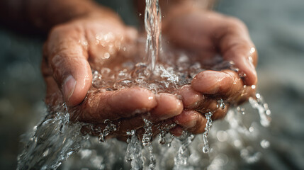 Close-up of hands cupping flowing water, symbolizing purity, cleansing, and renewal, set against a light, blurred background.