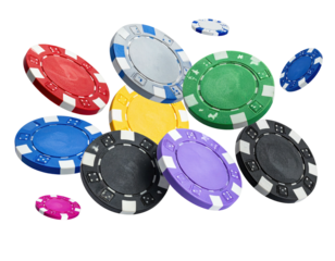 Colorful casino chips in various colors, mid-air, floating against a black background