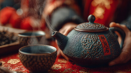 A person is holding a teapot and pouring tea into a cup