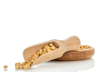 Soybeans with kitchen utensils isolated on white background, close-up.