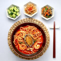 Delicious seafood noodle soup with side dishes on table