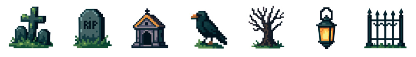 Pixel art set of spooky graveyard elements featuring a tombstone, crypt, raven, bare tree, glowing lantern, and a gothic fence for a retro video game