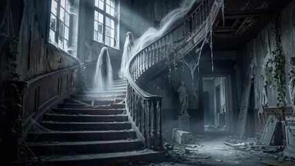 Apparitions floating on a grand staircase inside a decaying abandoned mansion. Eerie atmosphere with dust and cobwebs, evoking themes of abandonment and mystery
