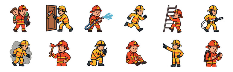 Fototapeta premium Collection of cartoon firefighter characters in various action poses, including rescuing a person, using a hose, and climbing a ladder, representing emergency services and heroism