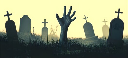 A spooky halloween night illustration featuring a black zombie hand rising from a dark cemetery landscape under a moonlit sky with city skyline silhouettes