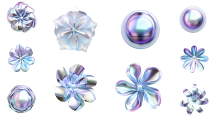 Set of silver flowers fluid holographic Iridescent 3D render icon isolated on white background