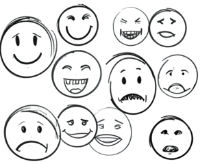 Collection of stylized round faces, each depicting different emotional expressions