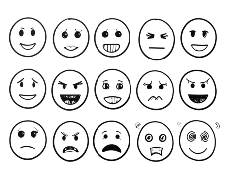 Black and white doodle sketch of various smiling, neutral, and negative face expressions - Powered by Adobe