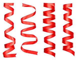 Four isolated vibrant red ribbons, spiraling, with glossy texture, floating against black background