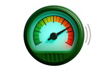 Gauge showing risk and performance levels with indicator needle in orange zone, measuring data and progress