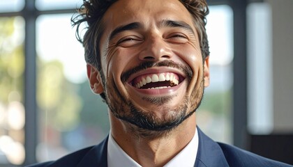 Close-up Portrait of a Handsome Bearded Businessman Laughing Heartily in a Modern Office Setting