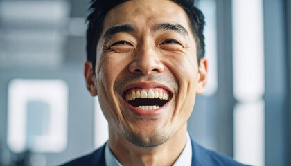 Close Up Portrait of a Cheerful Asian Businessman Laughing Heartily in a Modern Office: Happy Corporate Executive Smiling with Genuine Joy and Success