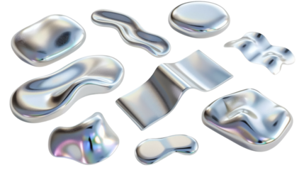 Set of silver shapes fluid holographic Iridescent 3D render icon isolated on white background