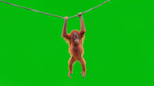 Juvenile orangutan hanging from rope on green screen. Seamless for video compositing.