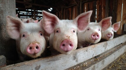 Group of curious young pigs looking through wooden fence in a farm barn
