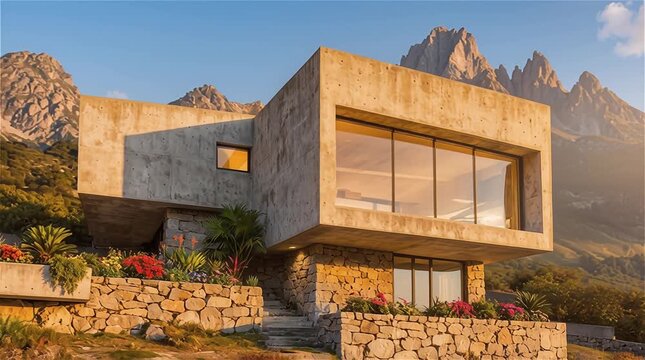 Casa modular geométrica contra paisaje montañoso accidentado