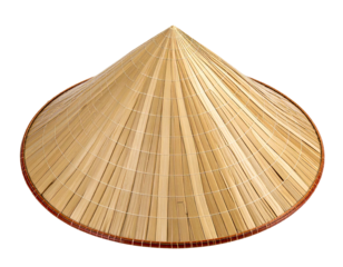 A close-up view of a traditional conical hat, made of woven bamboo and straw