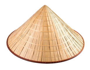 A close-up of a conical hat constructed from woven natural fiber. The background is transparent