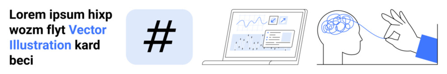 Obraz premium metadata tag, data on laptop screen, brain analysis, and hand pointing to ideas. Ideal for technology, innovation, analytics, research, AI insights digital marketing simple landing page