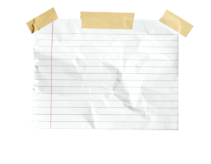 A crumpled, lined, white paper sheet, held in place with three pieces of tan tape against a black backdrop