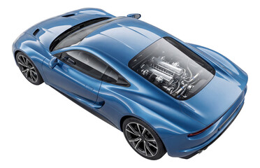 Luxury sports car featuring a transparent engine cover revealing the V12 engine.