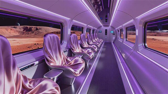 Una cápsula de hyperloop con asientos de seda orgánica y ventanas digitales que muestran paisajes de Marte