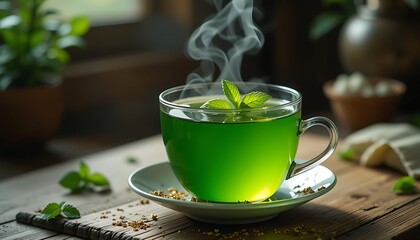 Steaming Green Tea in Glass Cup with Mint Leaves and Garnish