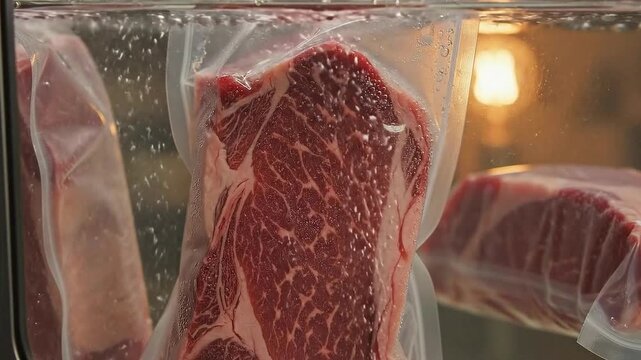 Fresh beef cuts in vacuum-sealed packaging in a refrigerator