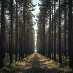 Fototapeta premium Serene Forest Pathway with Tall Pine Trees in Morning Light