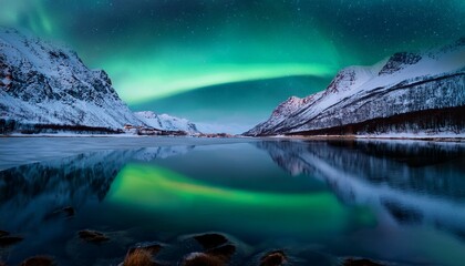 Aurora Borealis On The Norway Green Northern Lights Above Mountains Night Sky With Polar Lights Night Winter Landscape With Aurora And Reflection On The Water Surface Natural Back