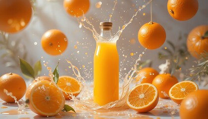 Refreshing Orange Juice Splashing from Bottle Amidst Fresh Oranges