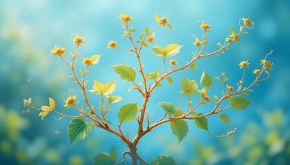 Fresh Green Foliage and Bright Yellow Blossoms Against Serene Blue Sky