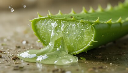 Close-up of Fresh Aloe Vera Leaf with Translucent Gel Dripping