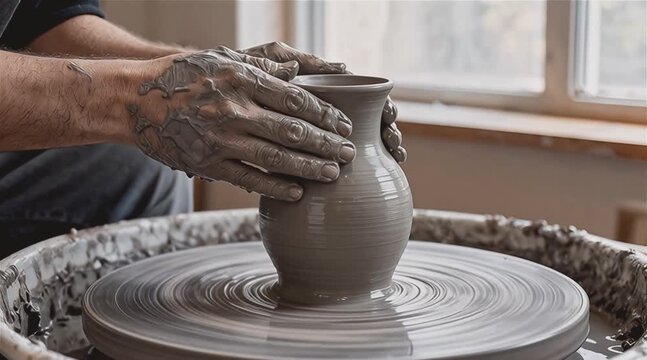 Manos cubiertas de barro gris moldeando una vasija en un torno giratorio