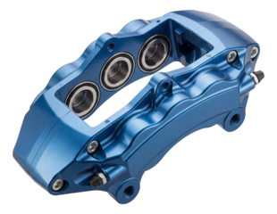 Six-piston brake caliper in a metallic blue finish.