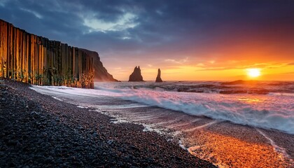 Basalt Column Cliff On Black Pebble Beach At Fiery Sunset With Distant Sea Stacks Crashing Waves And Reflective Wet Sand Dramatic Awe Inspiring Atmosphere