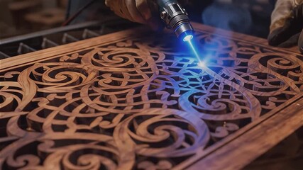 Manos de un artesano usando  un láser de precisión para tallar madera 