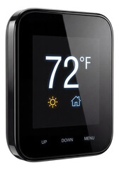 Touchscreen thermostat with touch buttons and temperature display.