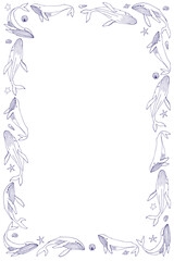 Rectangular frame with whales and shells, hand-drawn on a white background. Outline drawing.