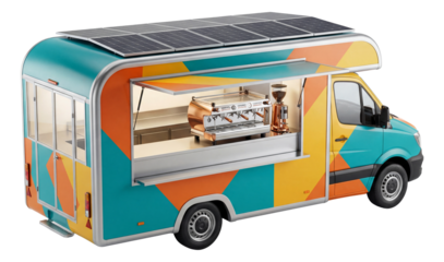 Modern food truck featuring an espresso machine and solar panels on the roof.
