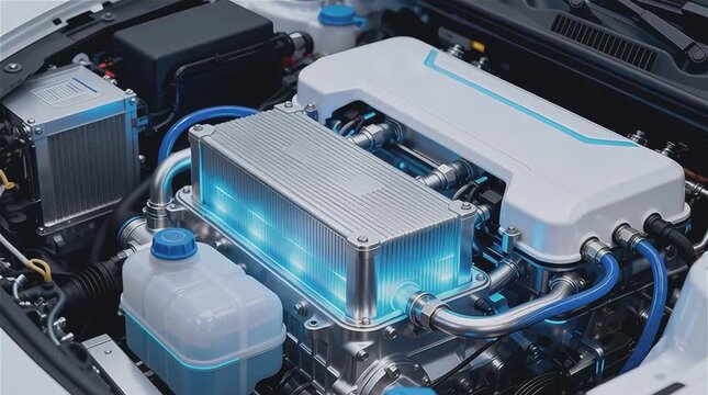 Motor de coche futurista con celdas de combustible de hidrógeno 