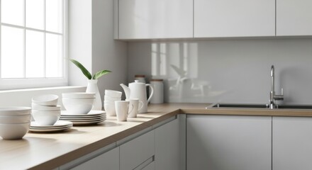 Fototapeta premium Clean and bright modern kitchen interior featuring white tableware set on a light wood countertop.