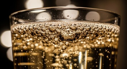 A stunning macro photography close-up captures the golden bubbles rising in a champagne glass.