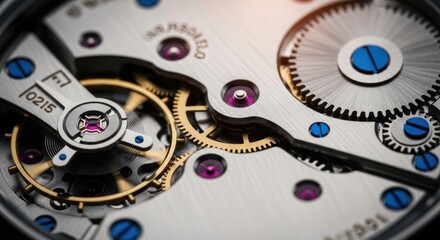 A detailed close up of a luxury mechanical movement, showcasing intricate watch gears and precision
